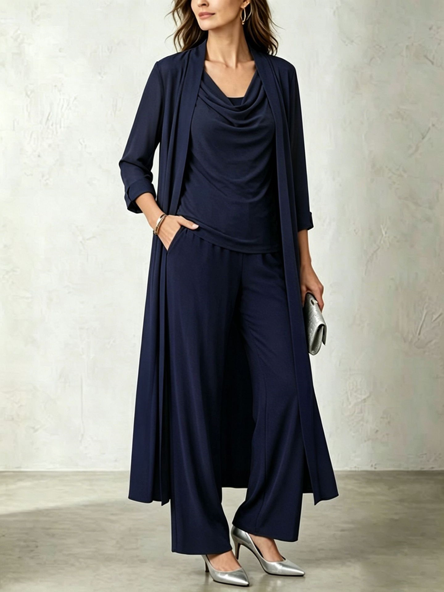 Minimalist Long Sleeve Draped Neck Cardigan and Pants Three-Piece Set