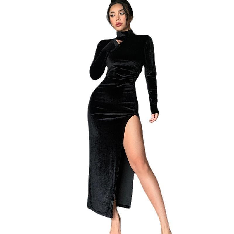 Women's High Neck Long Velvet Dress Slim Fit Ruched Slit