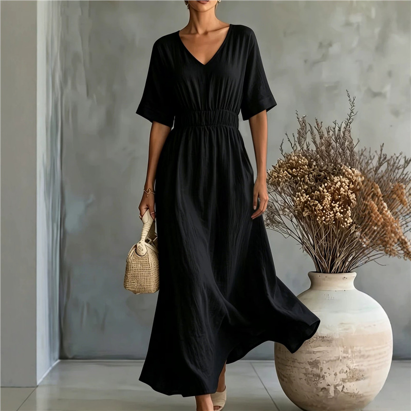 Elegant V-Neck Cinched Waist Pleated A-Line Long Dress