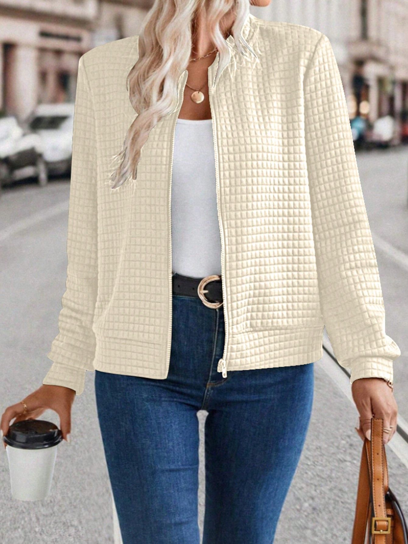 Women's Solid Color Zip-Up Jacket with Textured Finish