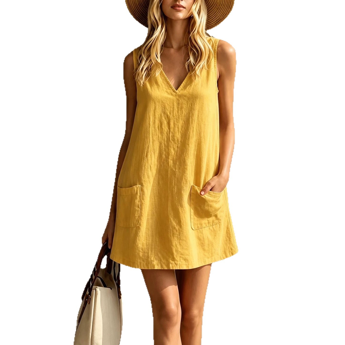 Women's Solid Cotton-Linen Sleeveless Dress with Dual Pockets Casual Comfortable