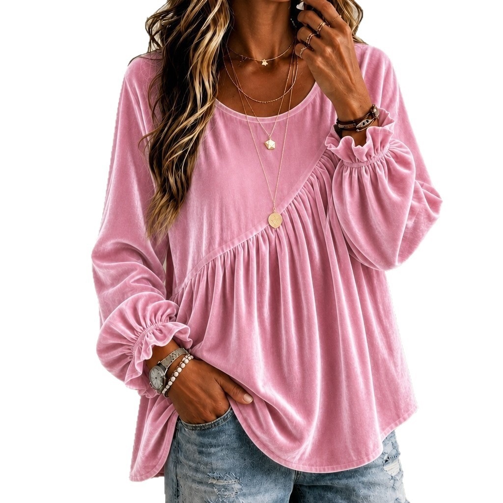 Women's Solid Velvet Round Neck Long Sleeve Loose Irregular Pleated Top
