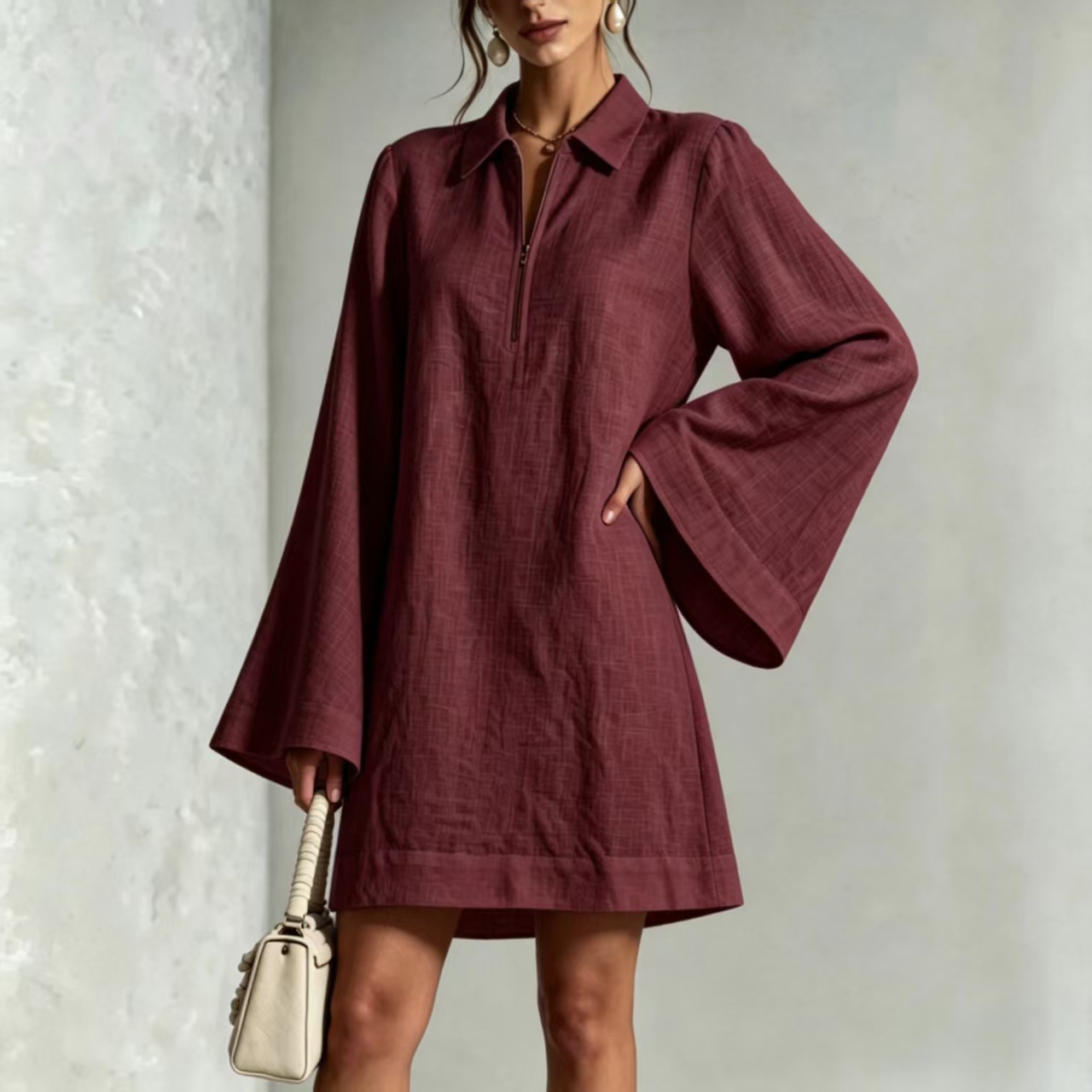 Solid Color Half-Zip Collared Loose Long-Sleeve Casual Dress