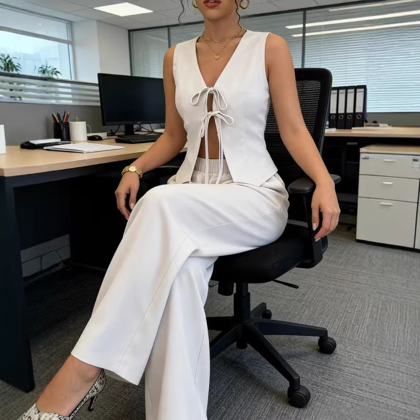 Women's Open-Front Tie Vest & Pants Lounge Set Hollow-Out Relaxed Fit