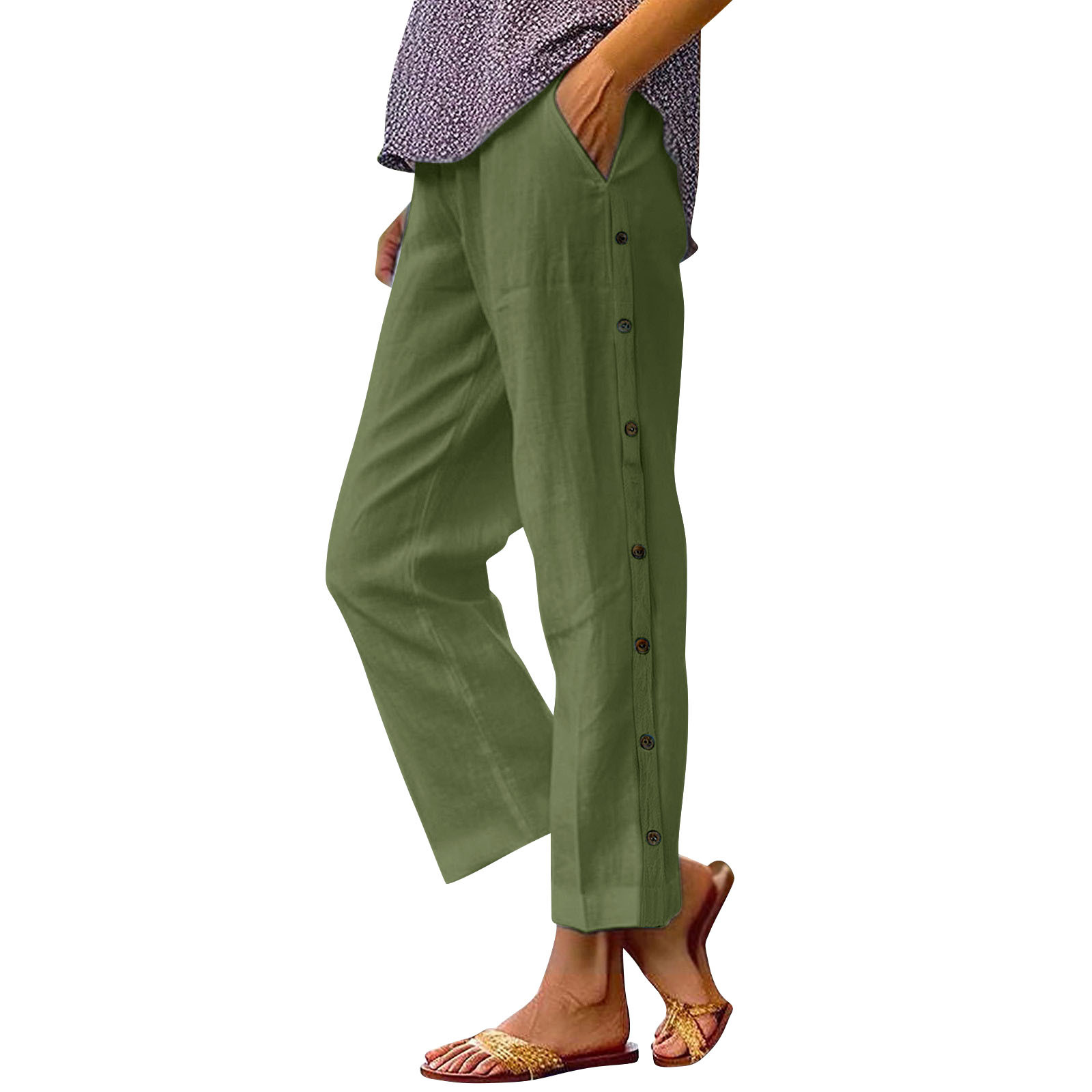 Women's Cotton-Linen Cropped Pants High Waist Loose Side Pocket