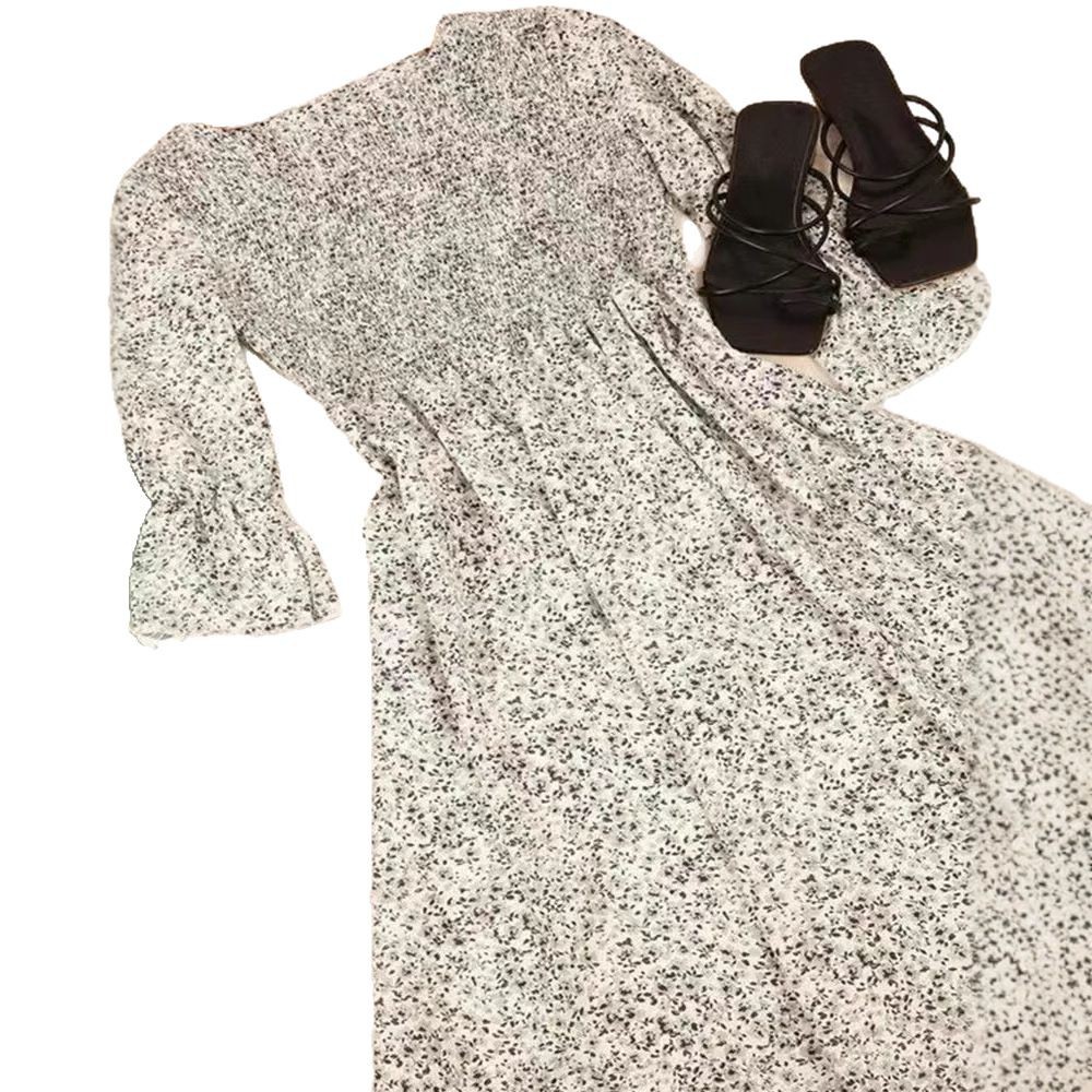 Women's Summer Floral Print Midi Dress Round Neck High Waist