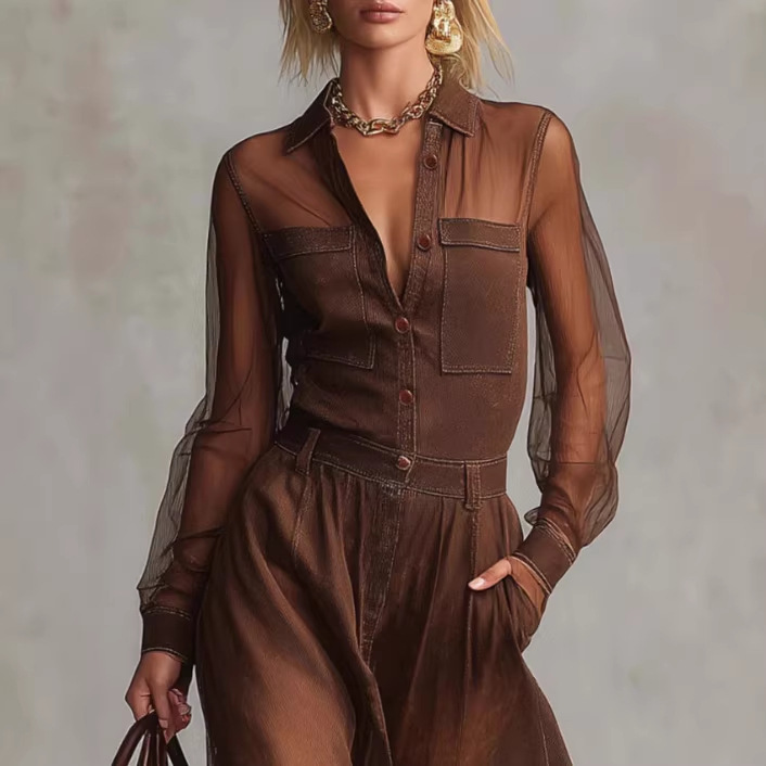 Retro Western Button-Front V-Neck Long Sleeve Brown Cotton Maxi Dress