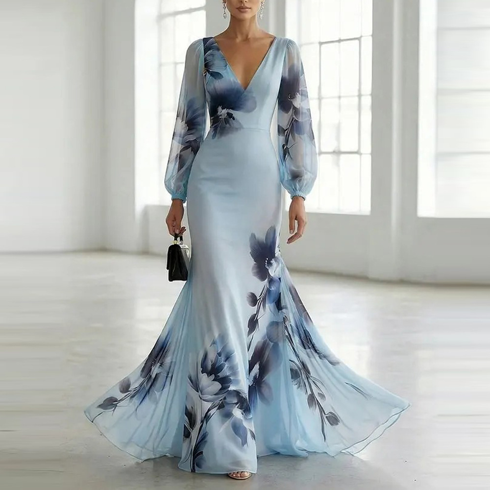 Blue Floral Print Long Sleeve V-Neck Bodycon Maxi Dress