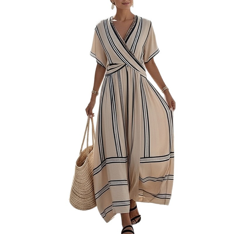Women's Striped V-Neck A-Line Midi Dress Casual Loose Fit