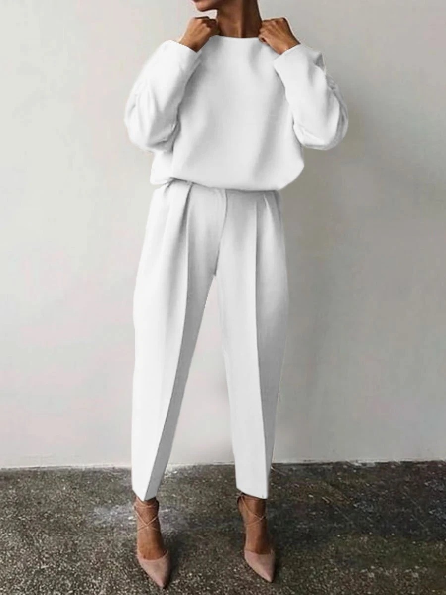 Women's Solid Color Long Sleeve Casual Two-Piece Pants Set
