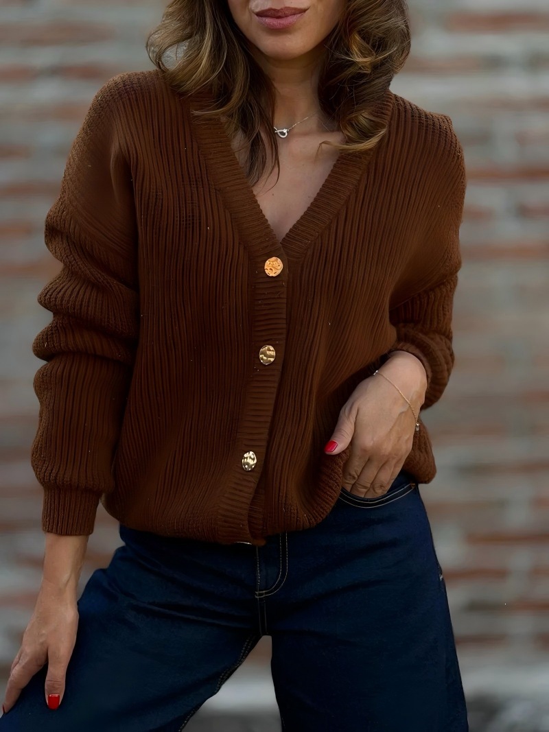 V-Neck Slimming Knit Cardigan Women's Long Sleeve Solid Button-Up Sweater
