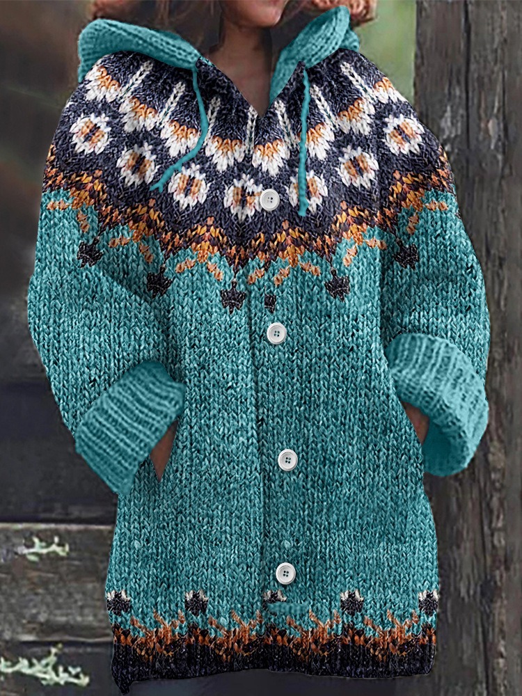 Women's Floral Leaf Print Hooded Button Cardigan Sweater