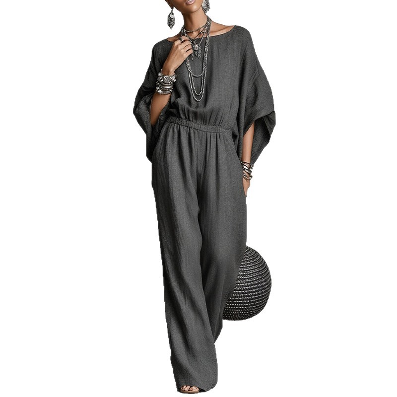 Women's Casual Wide-Leg Jumpsuit Solid Color Long Sleeve