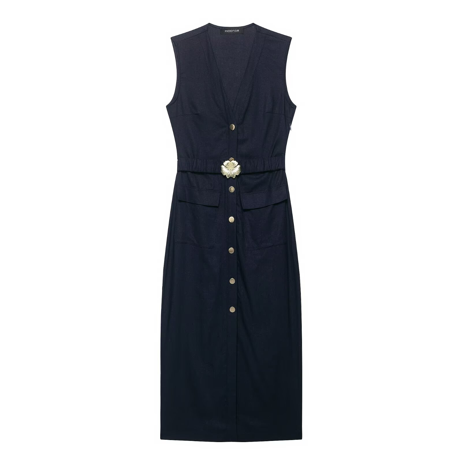 Women's Belted Midi Dress with Collar Sleeveless Solid Color