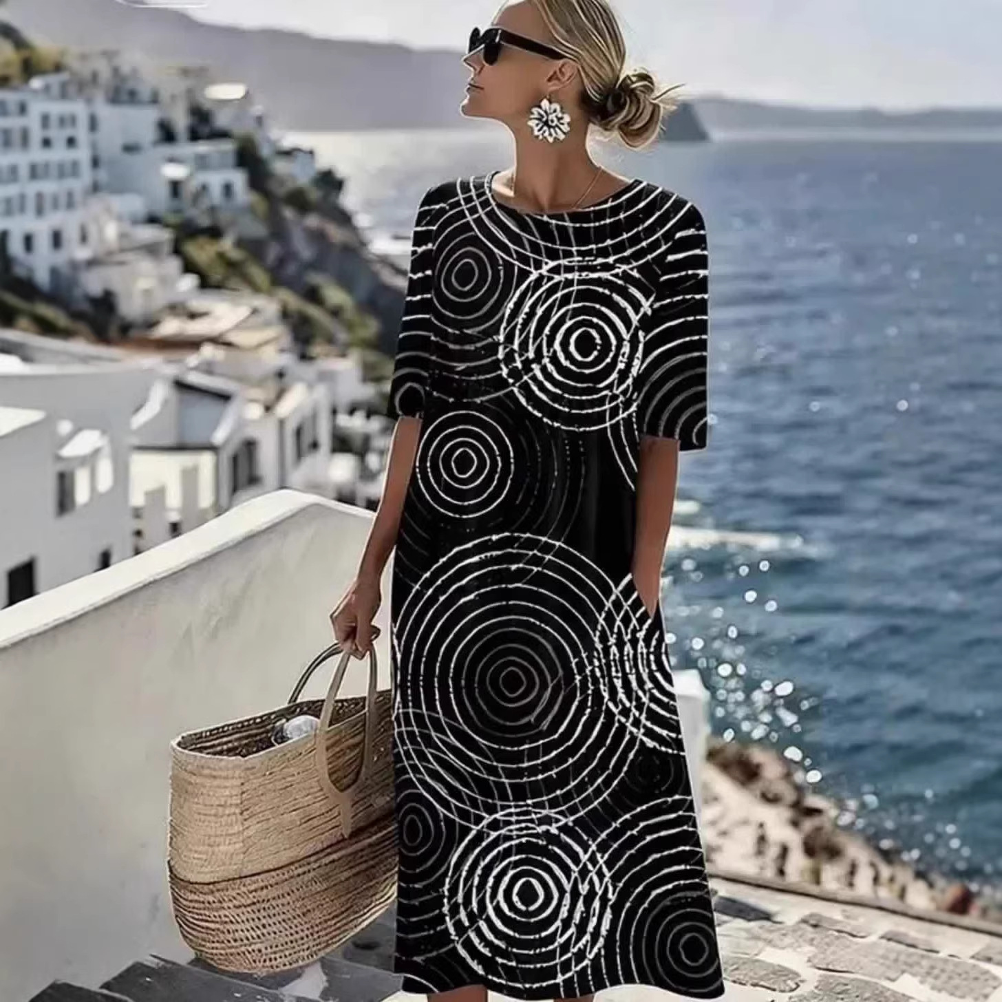 Women's Casual Vacation Dress with Abstract Concentric Circle Geometric Print, Short Sleeve, Black