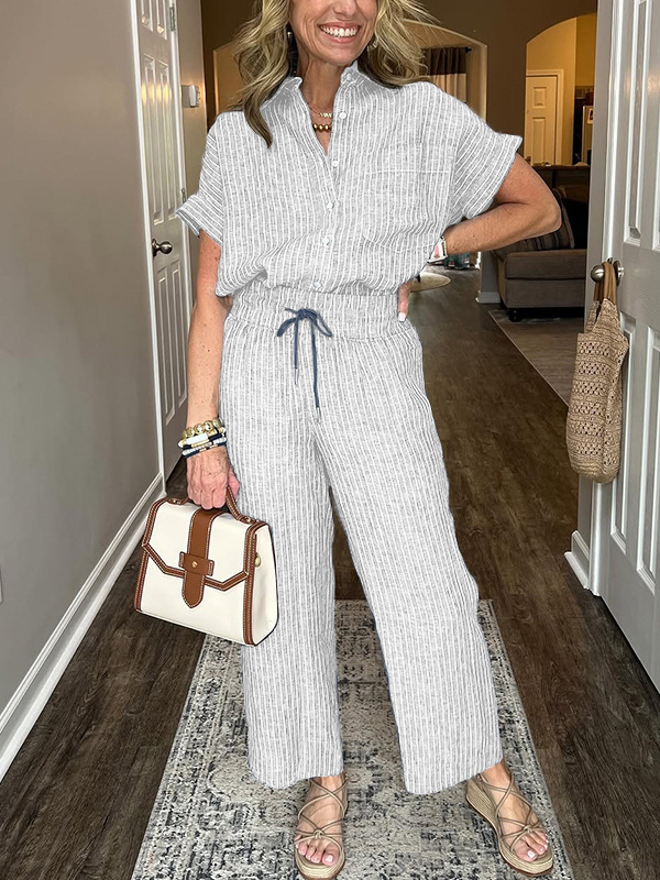 Women's Striped Two-Piece Set with Collared Short Sleeve Top and Straight-Leg Pants