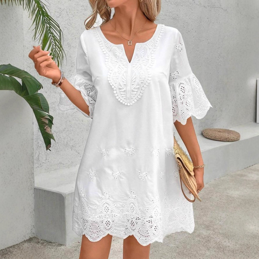 Solid Color Hollow-Out Lace Trim V-Neck Short Sleeve Dress