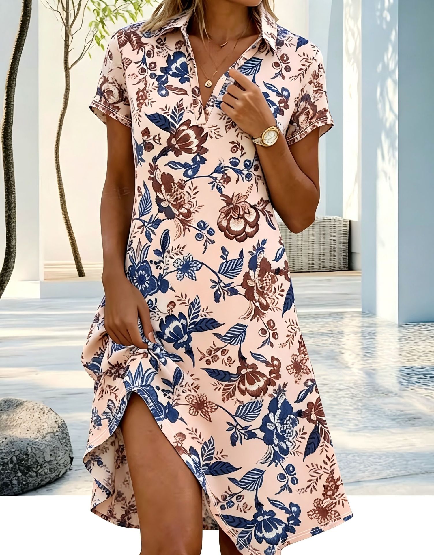 Women's Floral Print Midi Dress with Lapel Collar