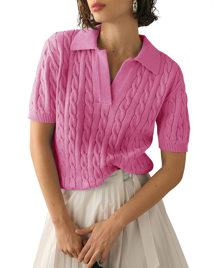 Women's Polo Collar Short Sleeve Cable Knit Sweater