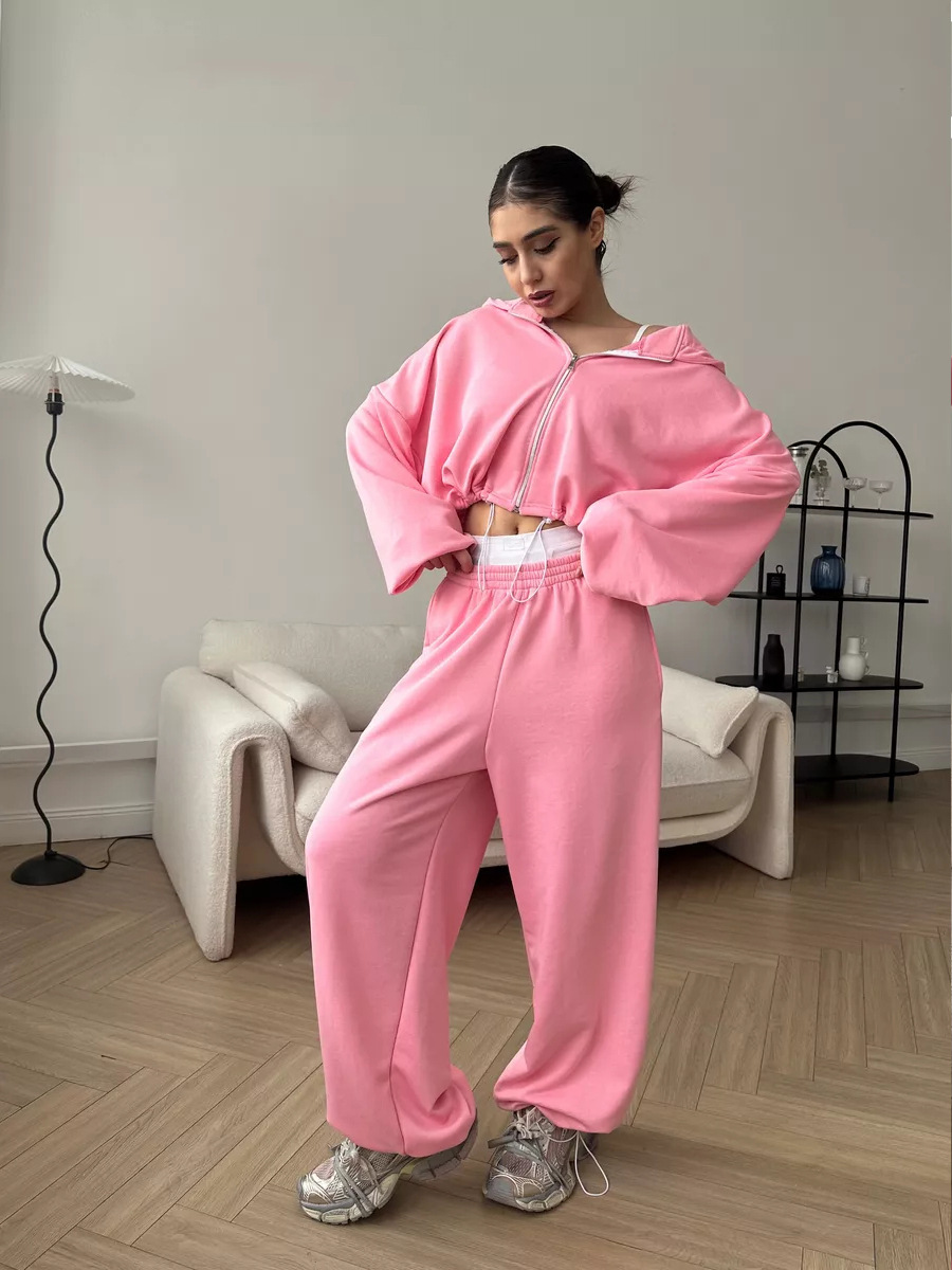 Women's Solid Color Zip-Up Hoodie and Drawstring Jogger Two-Piece Set