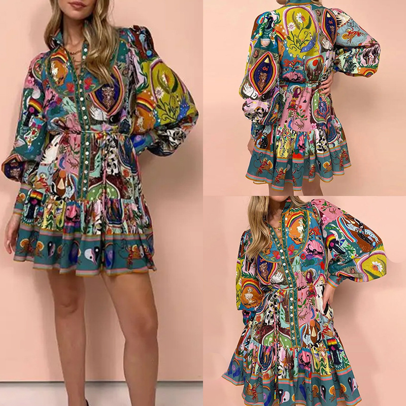 Retro Elegant Stand Collar Printed Tie Dress Short