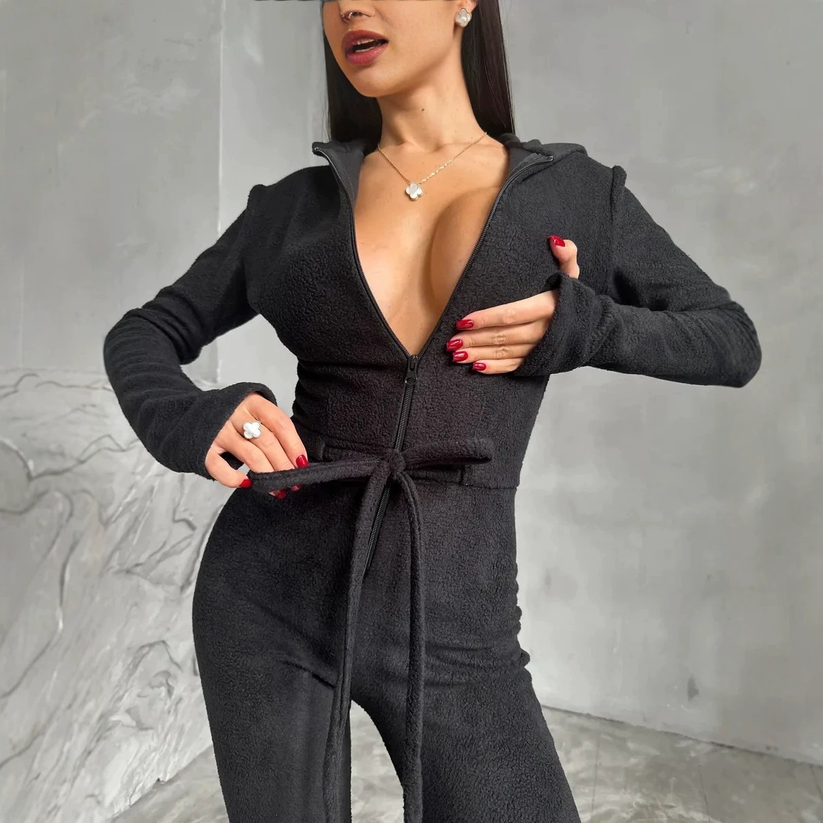 Fleece Slim-Fit Hooded Jumpsuit with Full Front Zip and Waist Tie