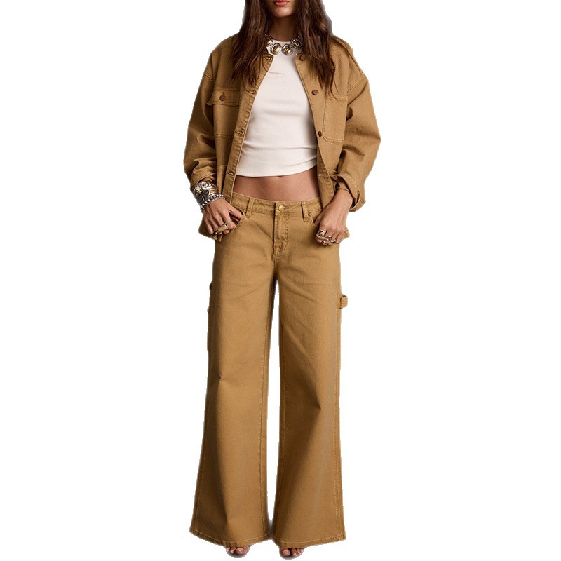 Women's Long Sleeve Ruched Top and High-Waist Wide-Leg Pants Two-Piece Set