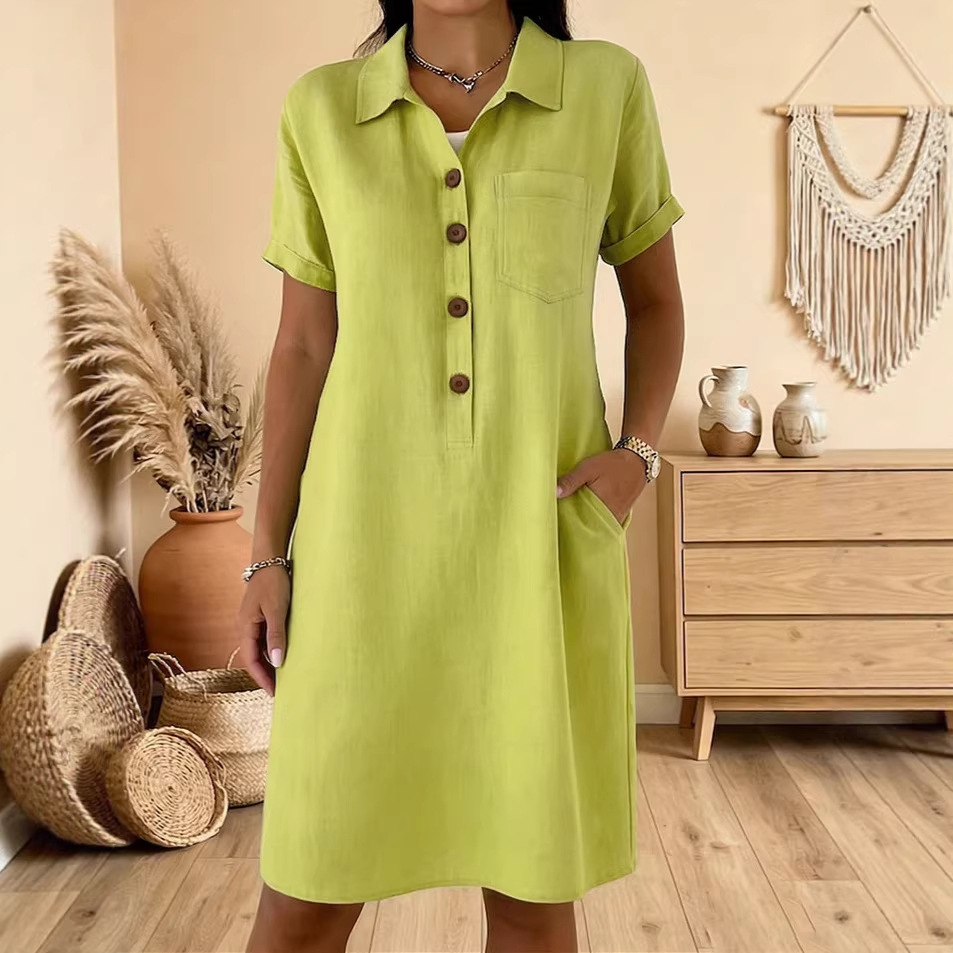 Women's Cotton Linen Button Short Sleeve Shirt Dress Casual