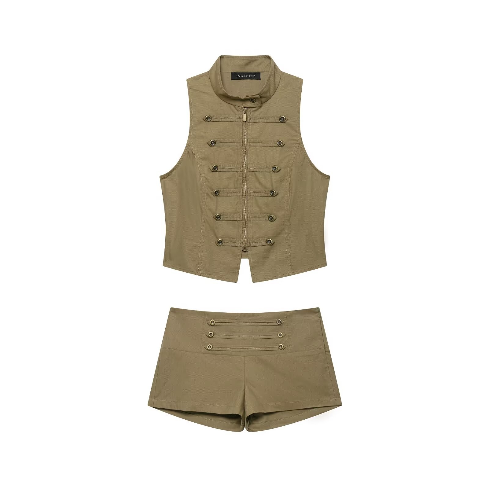 Women's Sleeveless Zip Button Vest and Shorts Set Solid Color