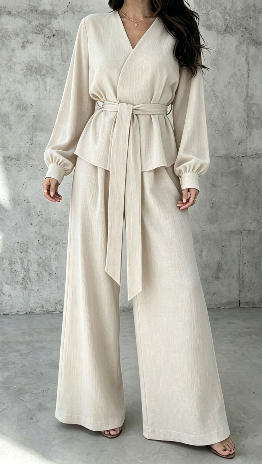 V-Neck Tie Long Sleeve Wide-Leg Pants Casual Two-Piece Set