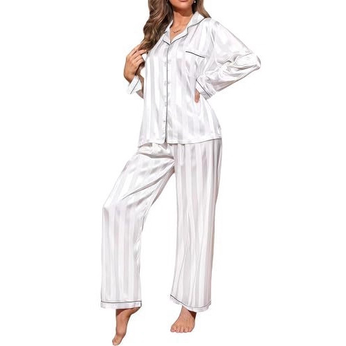 Women's Cuban Collar Striped Print Long Sleeve Top Set