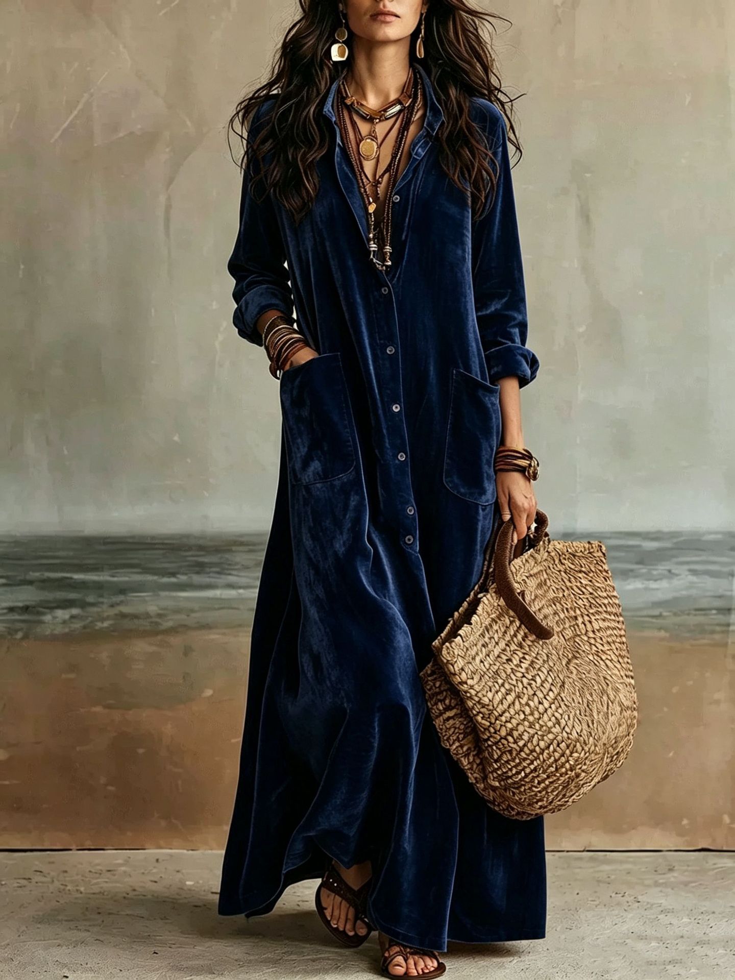 Boho Velvet Long Shirt Dress Solid Color Loose Fit
