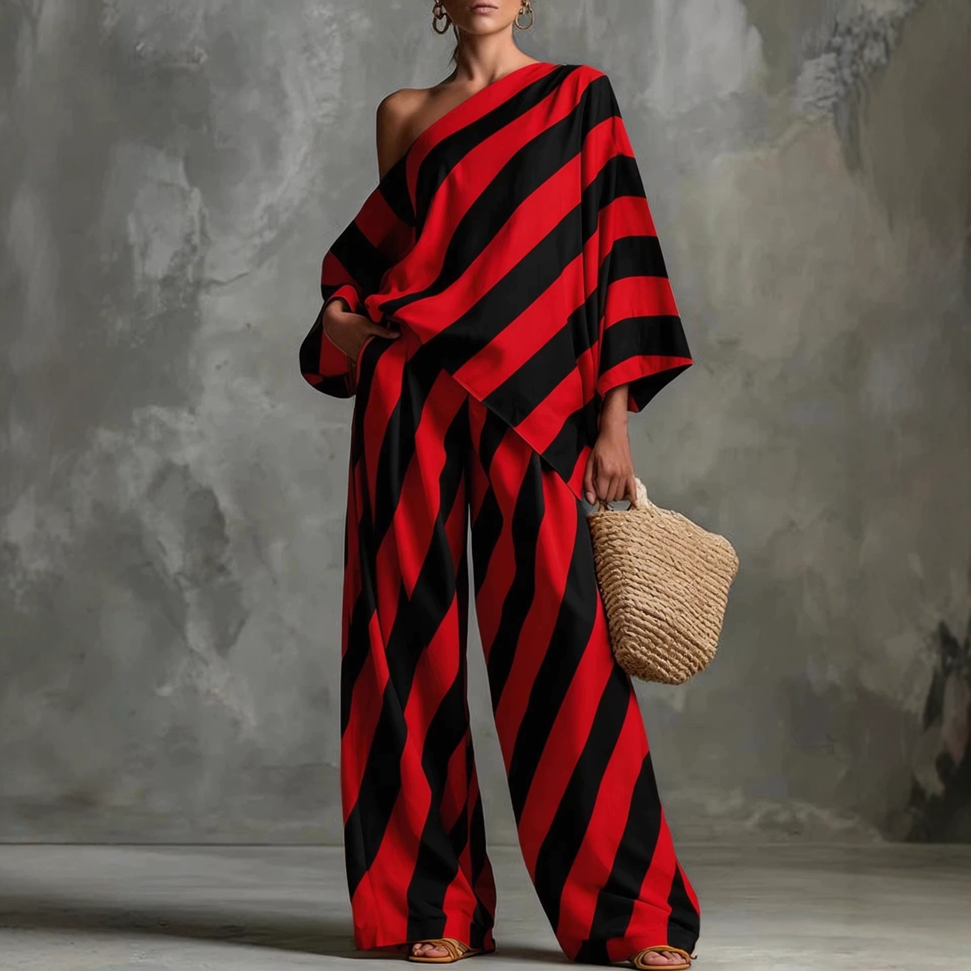 Relaxed Retro Striped Print Top and Wide-Leg Pants Set