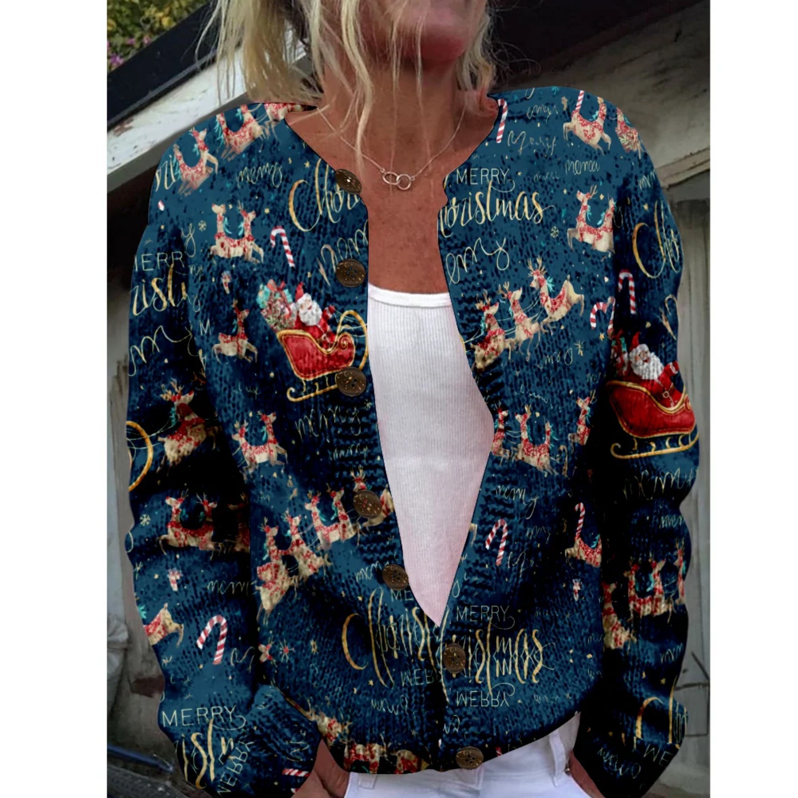 Women's Christmas Santa Print Button Cardigan Sweater