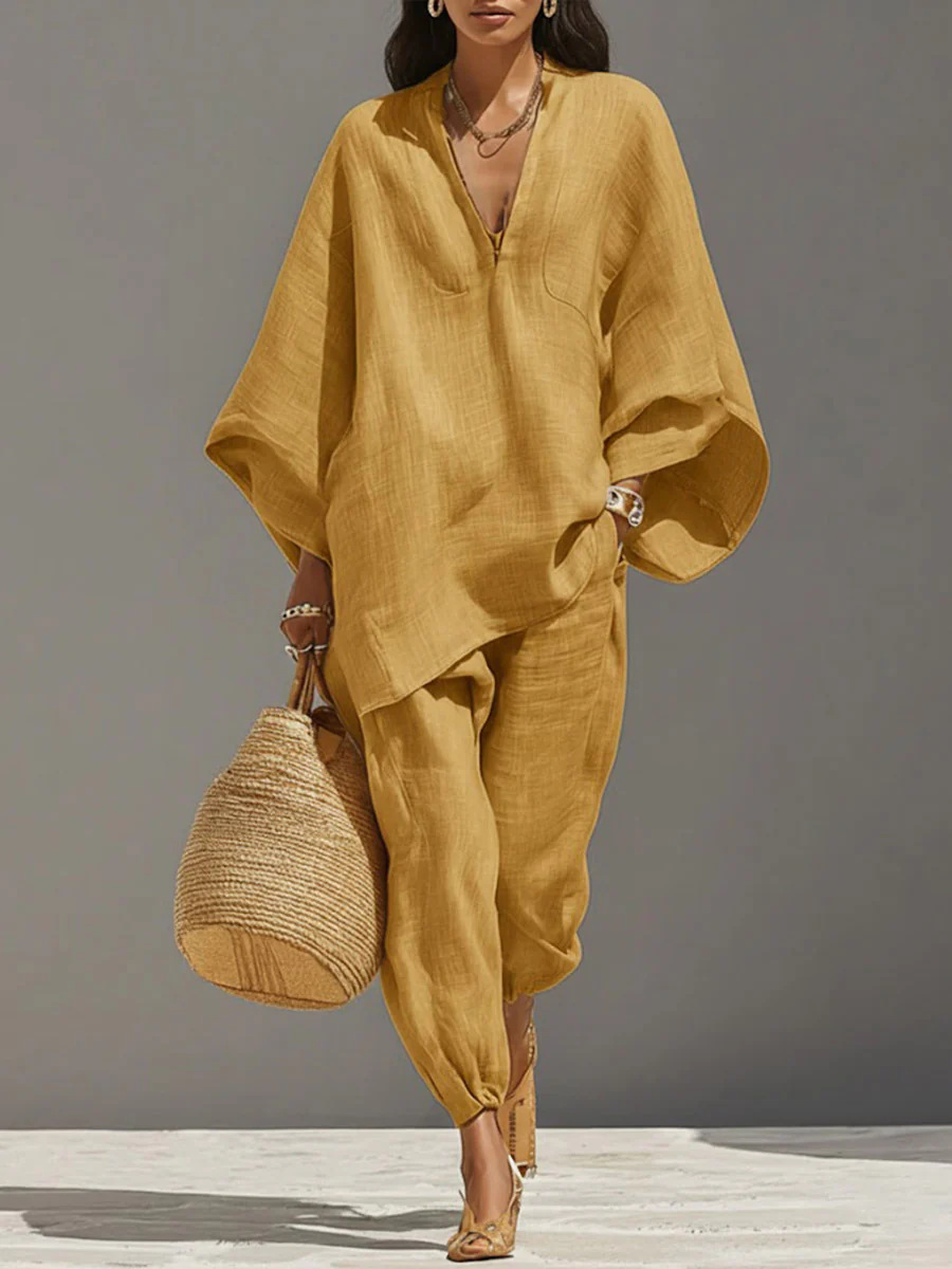 Women's Casual Loose Solid Color Shirt and Pants Set
