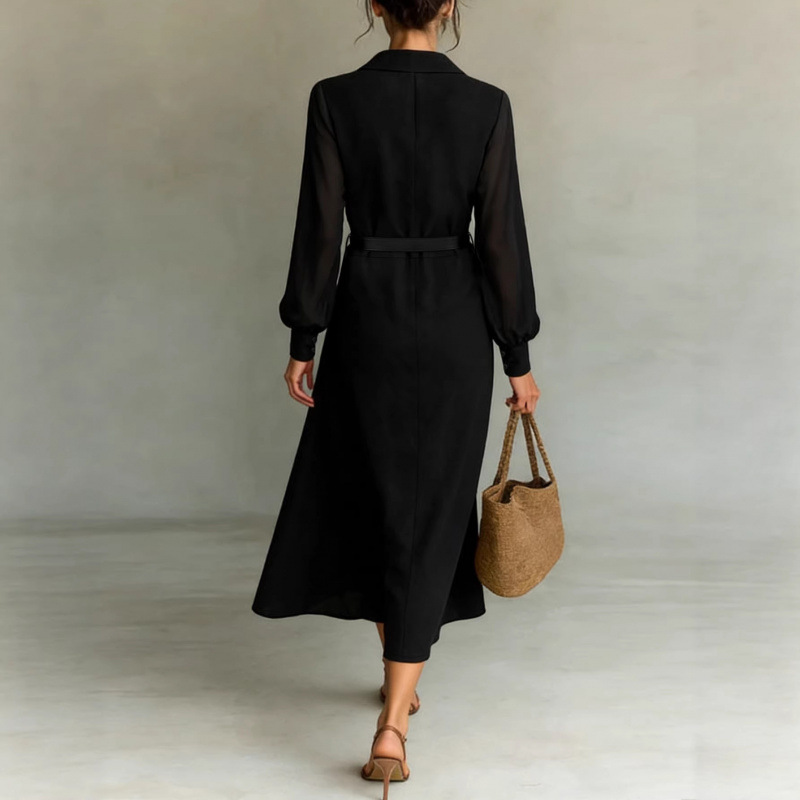French-Style Black Shirt Dress with Sheer Sleeves and Cinched Waist
