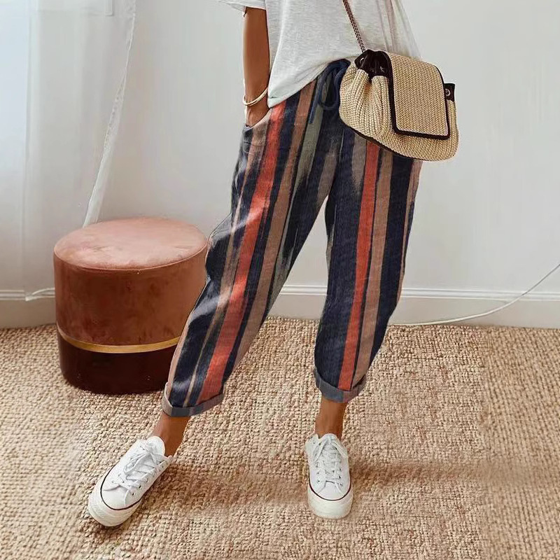 Women's Printed Cotton-Linen Casual Pants with Pockets