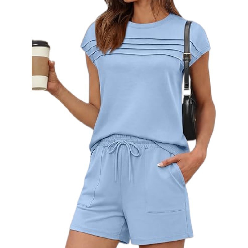 Women's Summer Striped Textured Short Sleeve Top and Shorts Solid Color Set