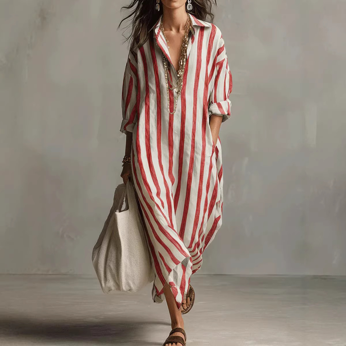 Women's Loose V-Neck Striped Long Shirt Dress with 3/4 Sleeves