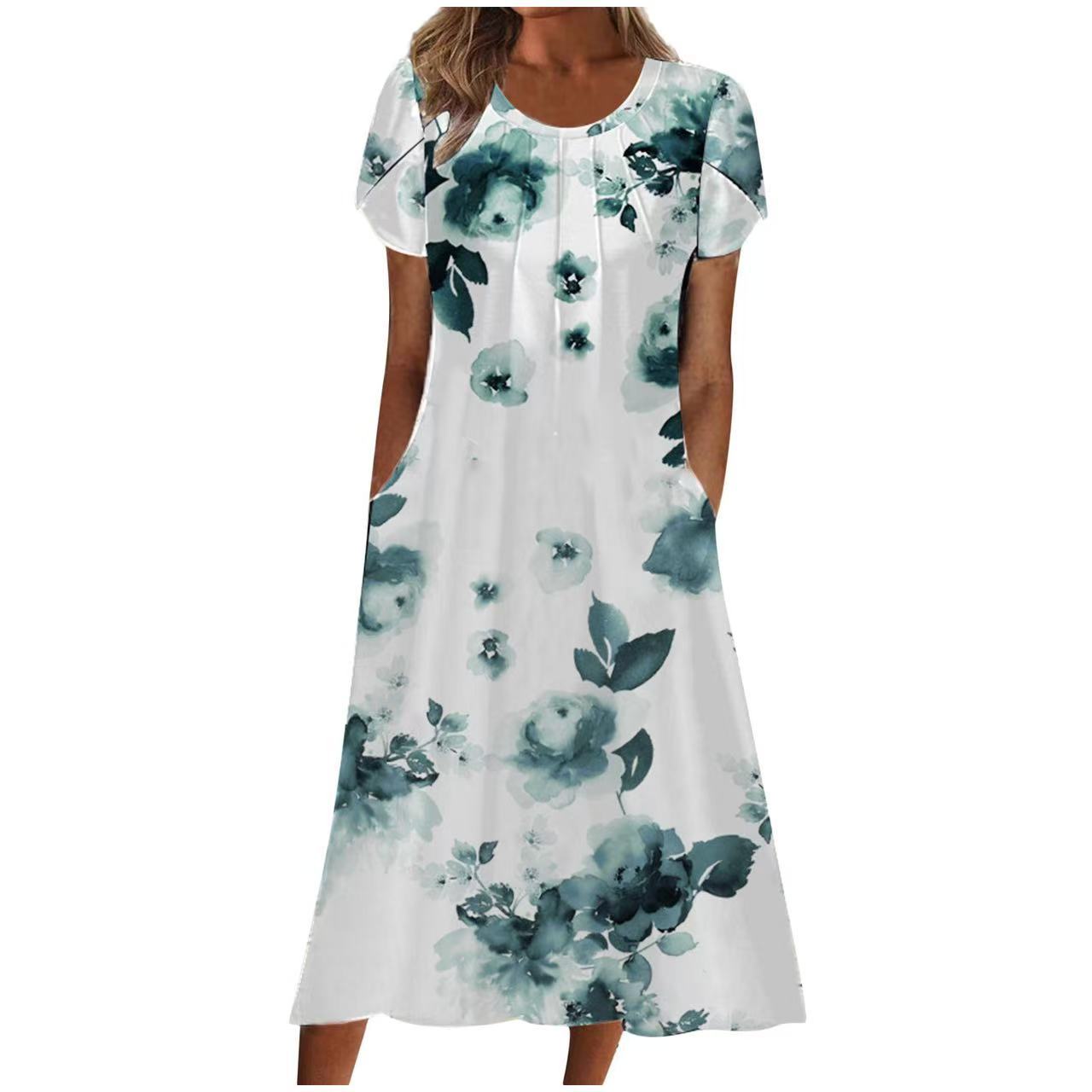 Women's Floral Print Round Neck A-Line Midi Dress with Pockets