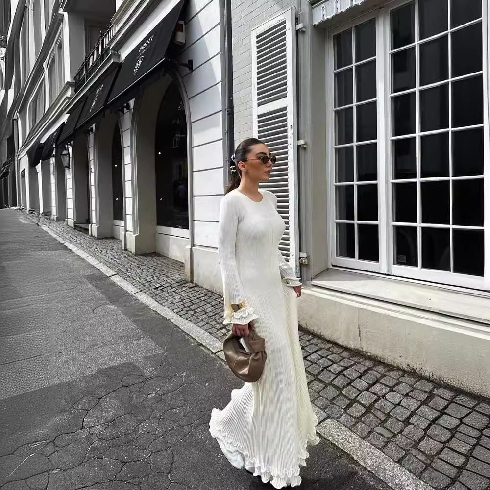 Solid Crewneck Long Sleeve Ruffle Trim Slim Fit Dress