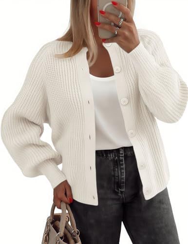 Women's Chunky Knit Button-Front Cardigan Sweater Long Sleeve Crew Neck