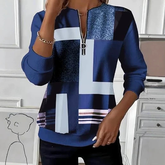 Retro Plaid Colorblock Print Half-Zip Hoodie for Women