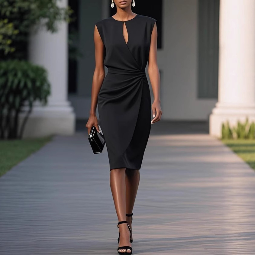 Women's Elegant Cross-Front Cutout Dress with Knotted Round Neck