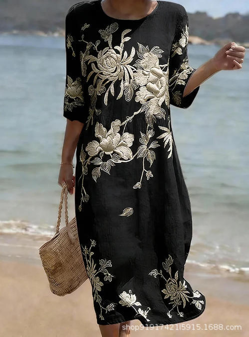 Women's Floral Print Ruched Midi Dress with Half Sleeves