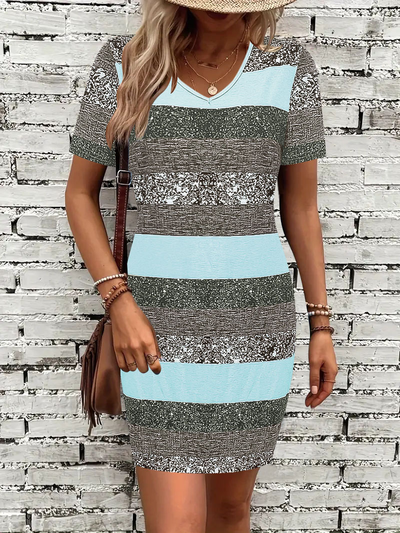 Women's Striped Print Casual Dress Round Neck Short Sleeve A-Line Midi