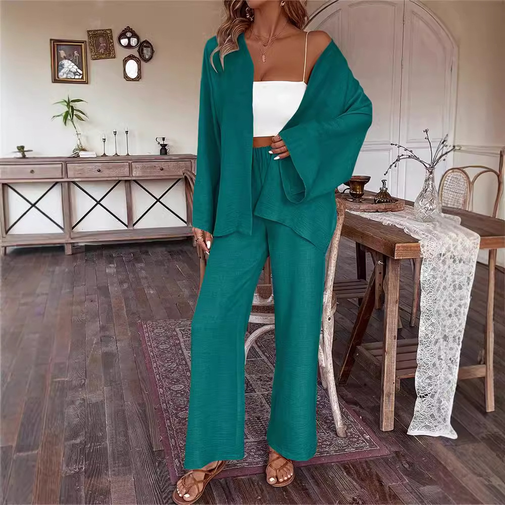 Women's Cotton-Linen Cardigan & Wide-Leg Pants Two-Piece Set