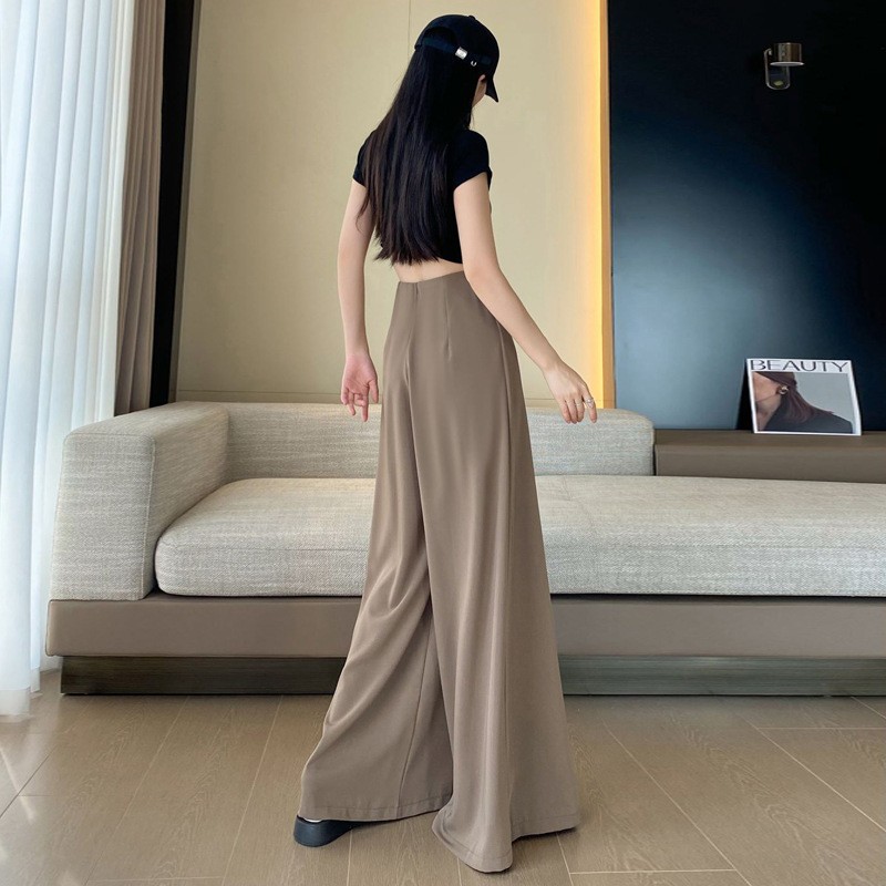 Women's High-Waist Wide-Leg Pants Solid Color Drapey Slimming Long Trousers