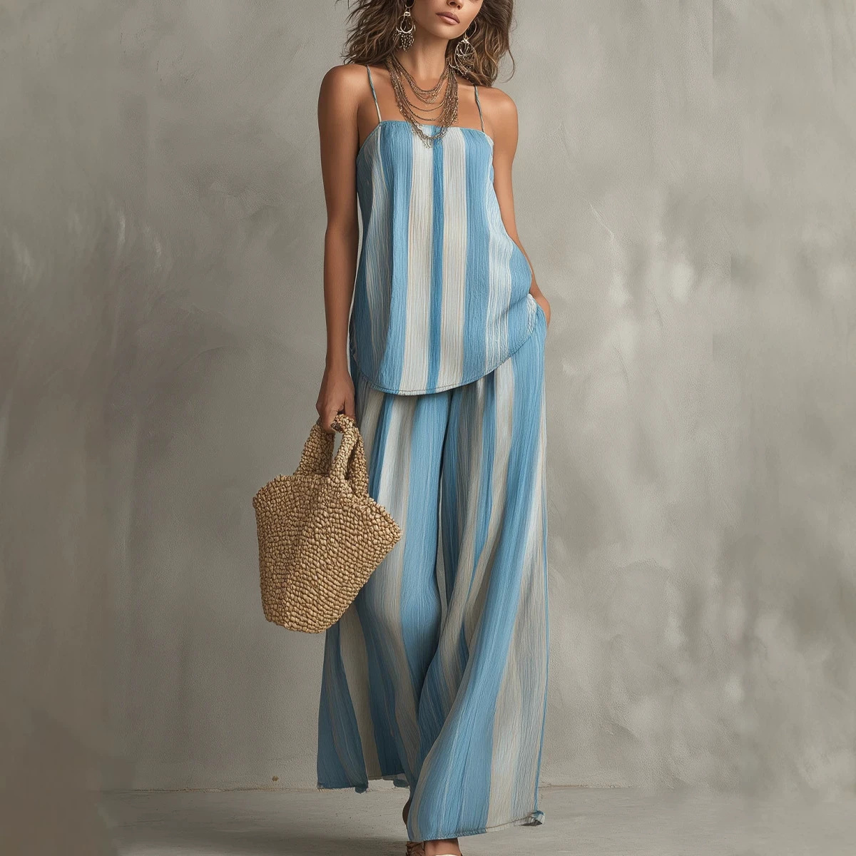 Women's Sleeveless Striped Wide-Leg Pant Two-Piece Set