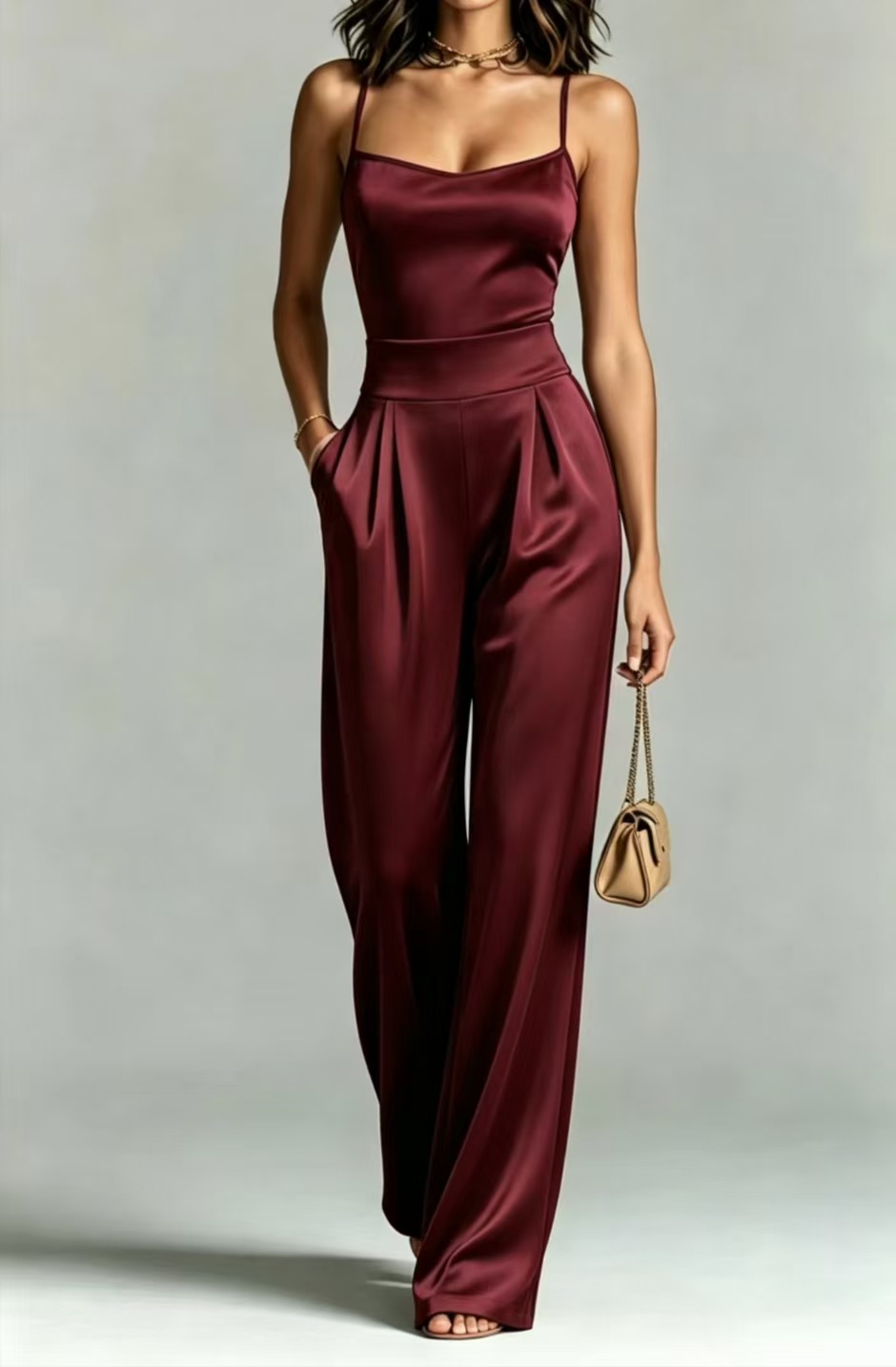 Women's Sleeveless Knit Jumpsuit with Pockets, Square Neck, Wide Leg, Cinched Waist